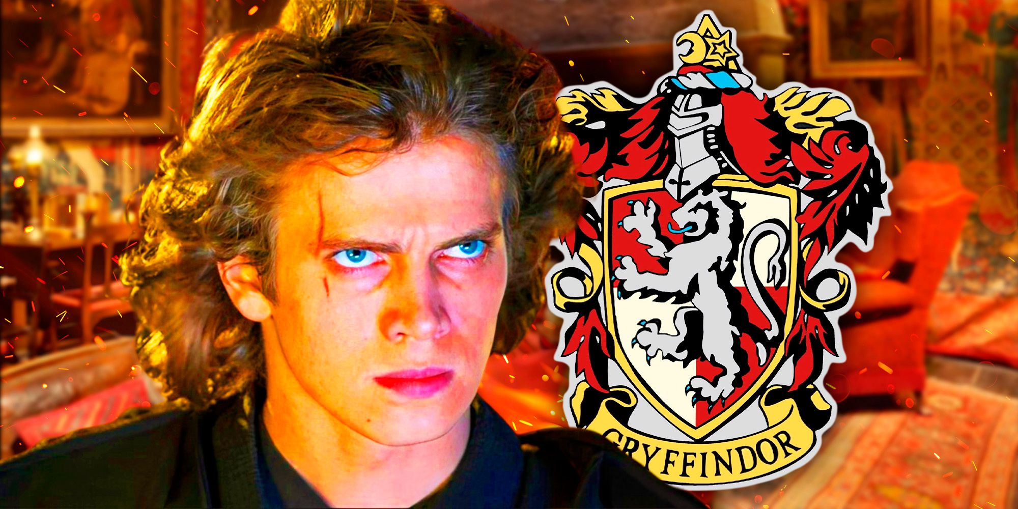 Anakin Skywalker looking angry from Revenge of the Sith to the left and the Gryffindor shield from Harry Potter to the right