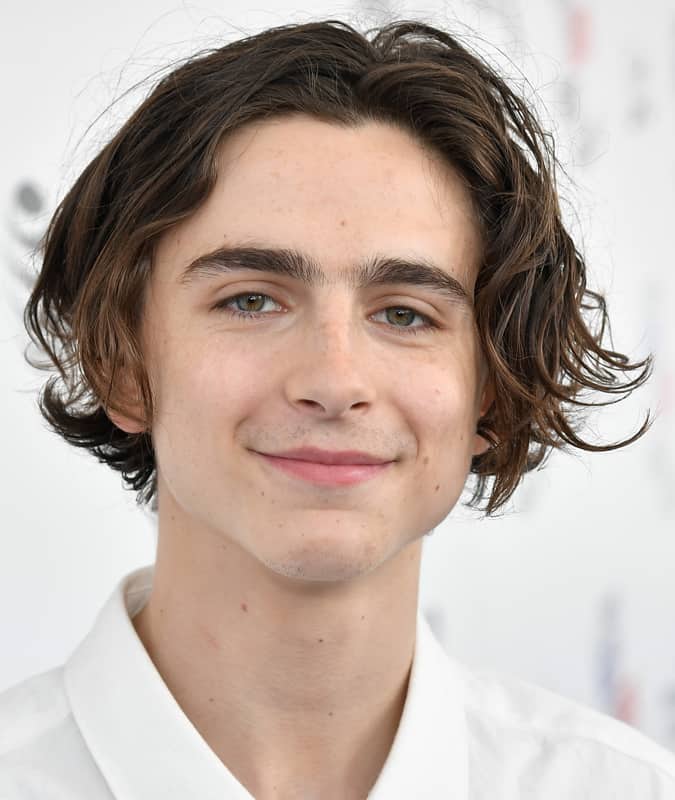 Young man with a wavy Eboy haircut featuring loose layers and a relaxed middle part, wearing a white shirt