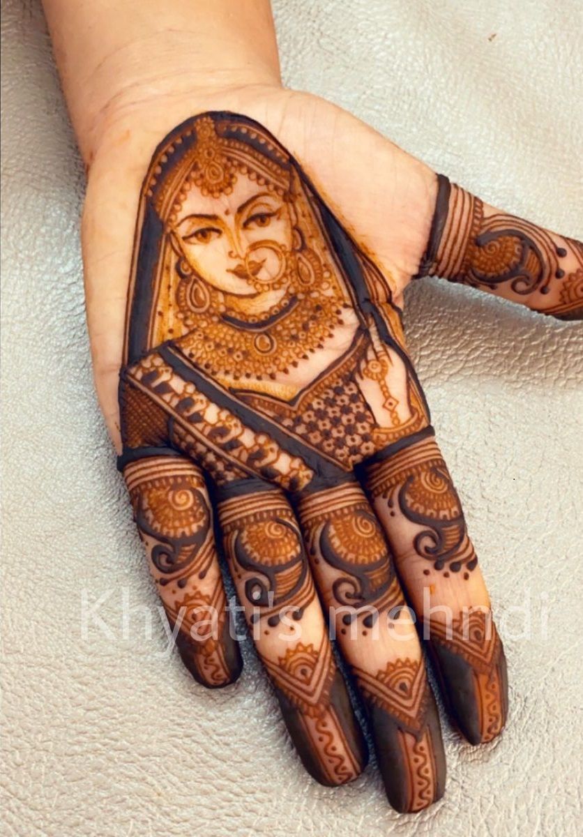 Bridal portrait Mehndi design on the palm with detailed jewelry and intricate patterns, perfect for weddings