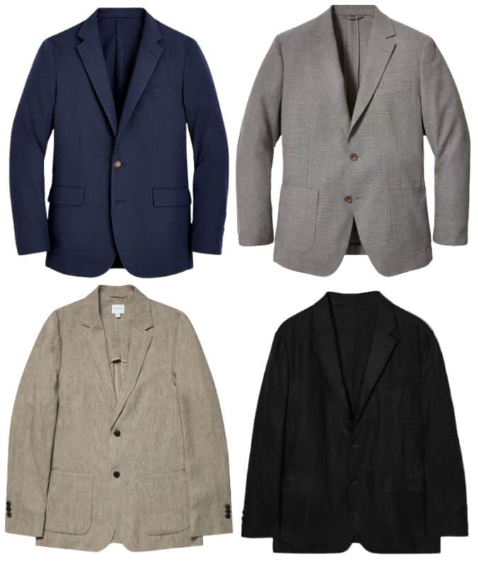 Four classic men's blazers in navy, gray, beige, and black, showcasing versatile styles suitable for various formal and casual occasions