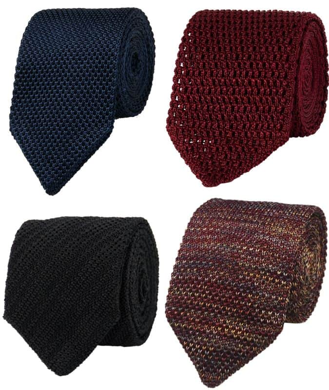 Four knit ties in navy, burgundy, black, and multicolor, showcasing textured and stylish options for men’s casual and formal outfits