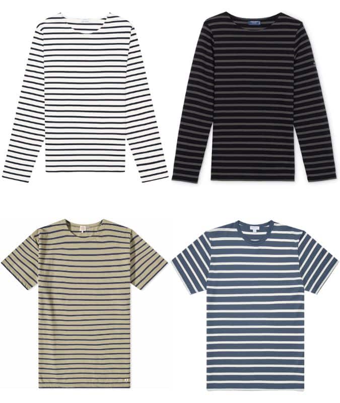 Collection of four grunge-inspired striped shirts in various colors and sleeve lengths, including black, white, olive, and navy stripes.