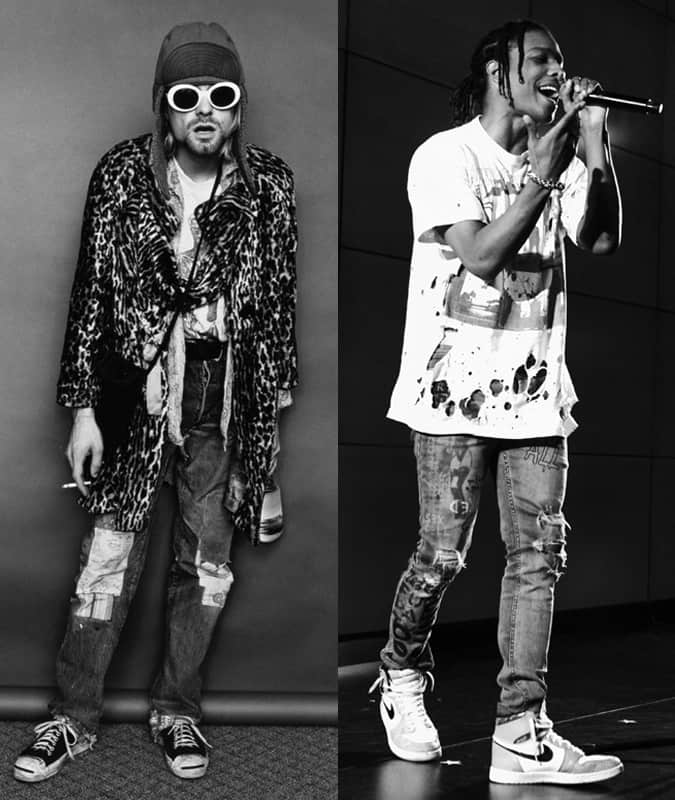 Side-by-side image of Kurt Cobain in a leopard coat with patched jeans and A$AP Rocky in a paint-splattered tee and distressed jean