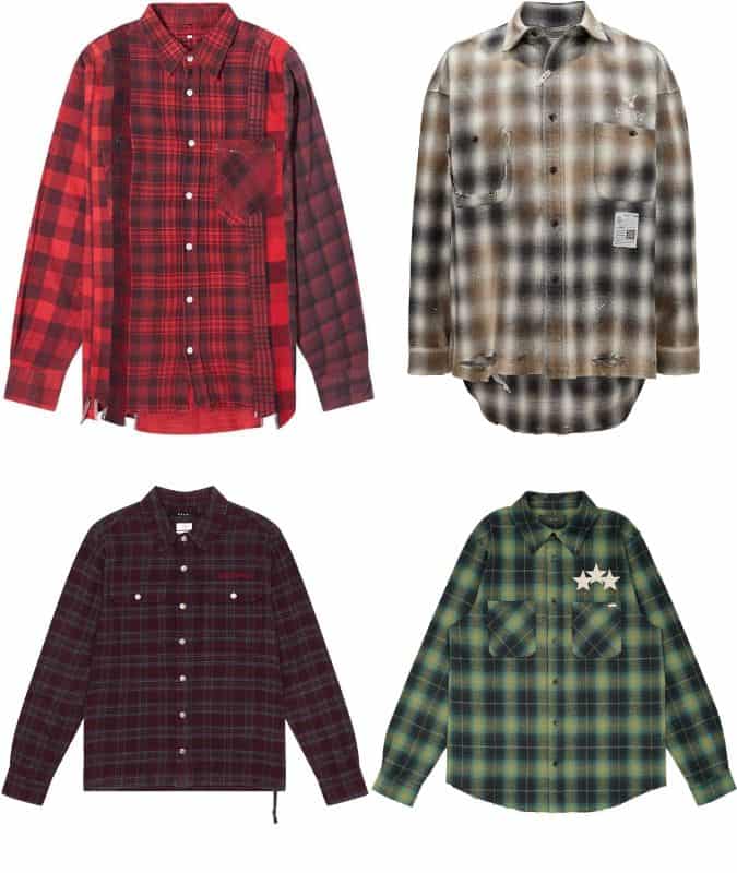 Collection of four grunge plaid shirts in various colors, including red, brown, black, and green, with distressed and vintage designs