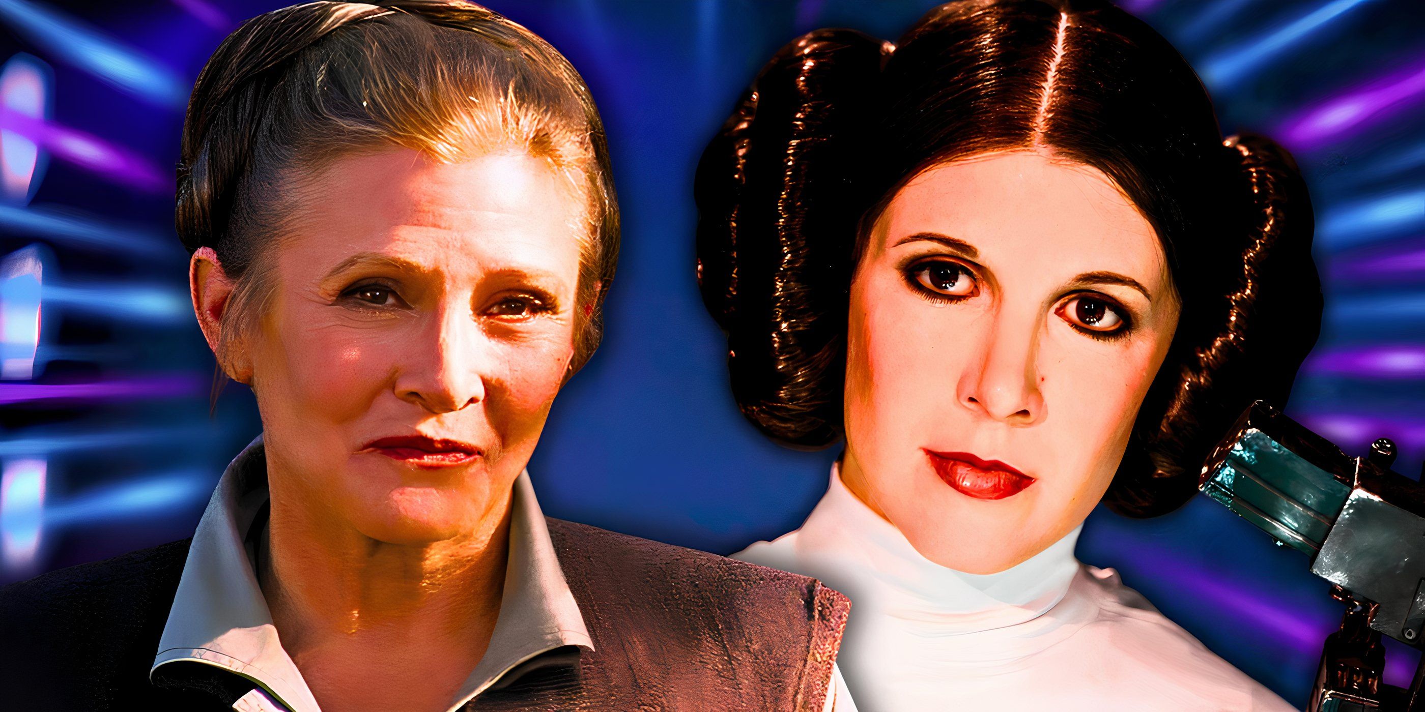 Carrie Fisher as Princess Leia in the Star Wars sequel and original trilogies, edited over a dynamic background