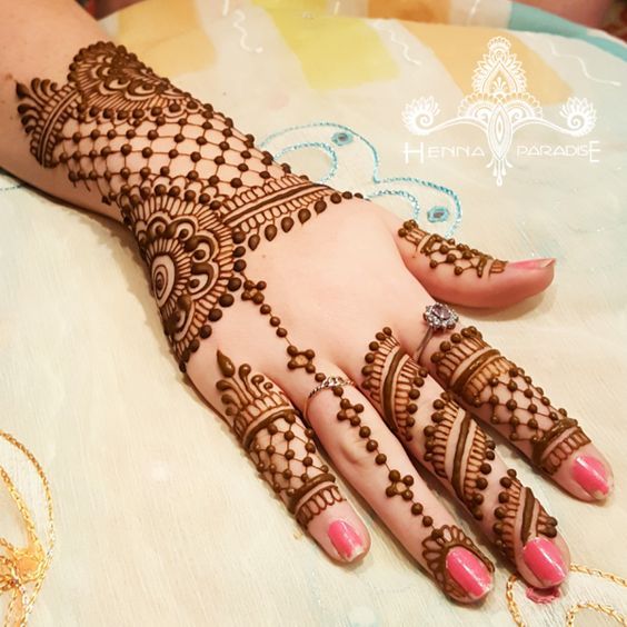 Mesh and floral Mehndi design on the back of the hand with detailed finger patterns, ideal for bridal and festive occasions