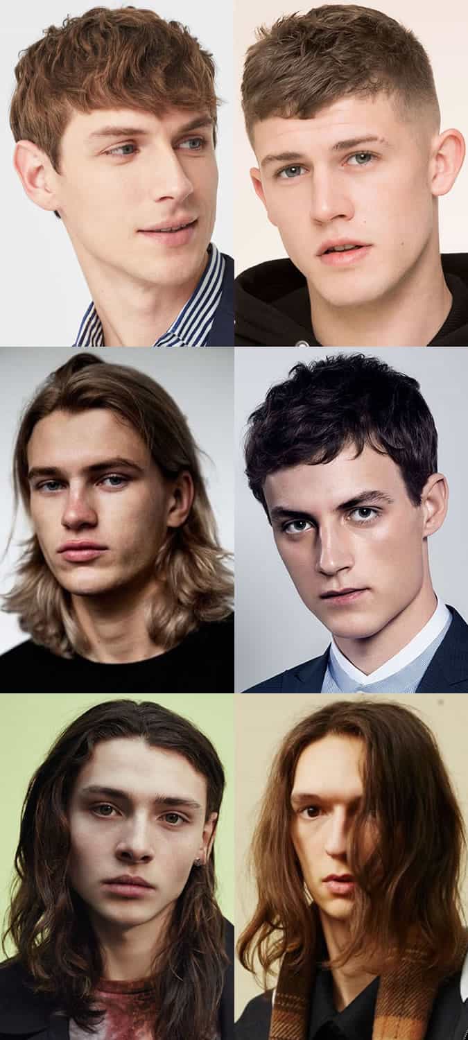 Men's short and medium hairstyles - textured fringe, classic taper, shoulder-length, and long layered cuts.