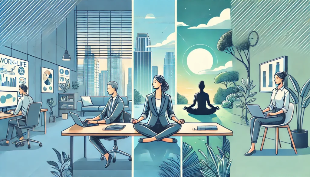 Banner showing work-life balance for entrepreneurs with contrasting scenes of business and relaxation