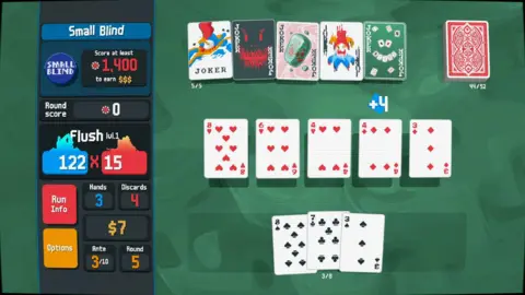 Localthunk Screenshot from Balatro shows a row of five numbered heart cards under a row of five joker cards with different creative designs. To the left a score screen shows "flush" and flames around the score to show the player has reached the target score.