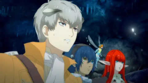 Atlus Three anime-style characters and a small fairy hovering behind them look on, concerned, at something off-screen.