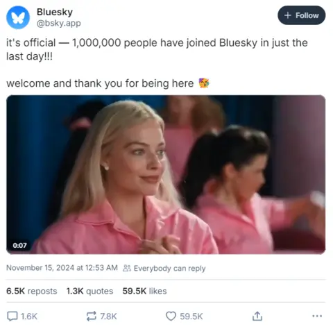 Bluesky A post from Bluesky noting it has gained one million users in 24 hours. It contains a gif of a woman smiling. It is on the Bluesky platform.