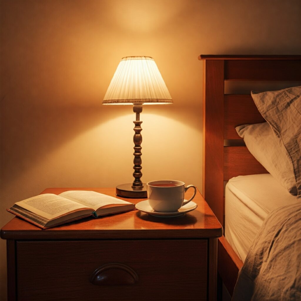 Bedroom with book and tea, promoting a digital detox for better sleep quality.