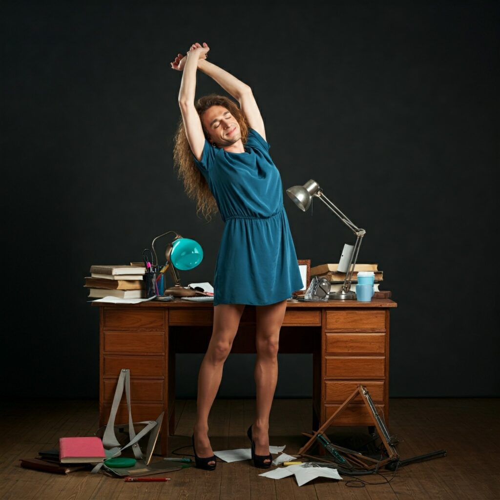 Standing desk setup with a professional stretching to promote health during work.