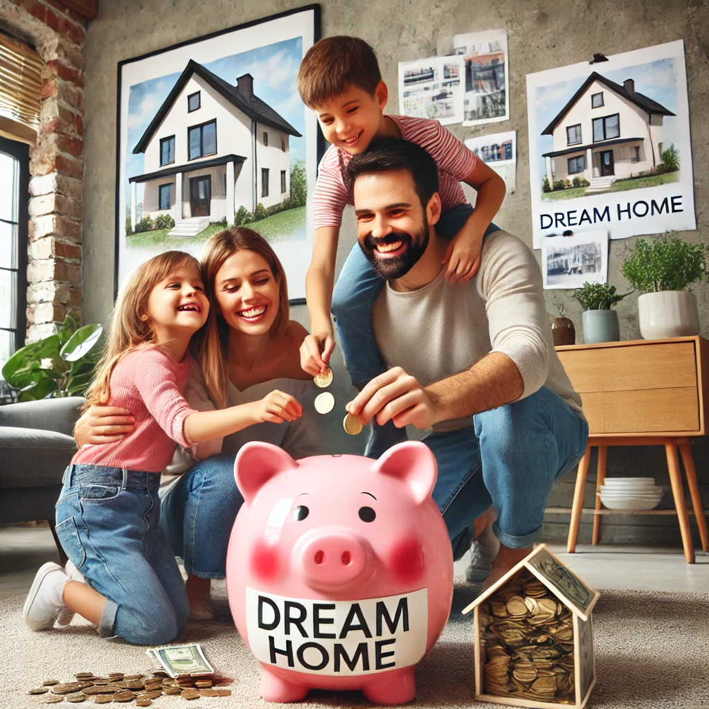 A family of four joyfully dropping coins into a large pink piggy bank labeled 'Dream Home' in a cozy living room.