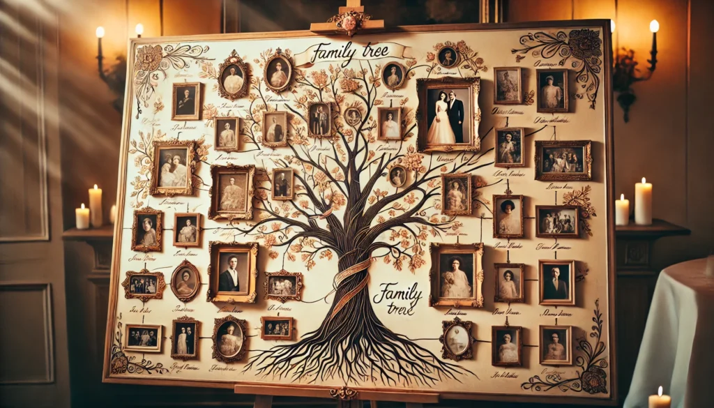 Beautifully crafted family tree display with photos and names at a reunion.