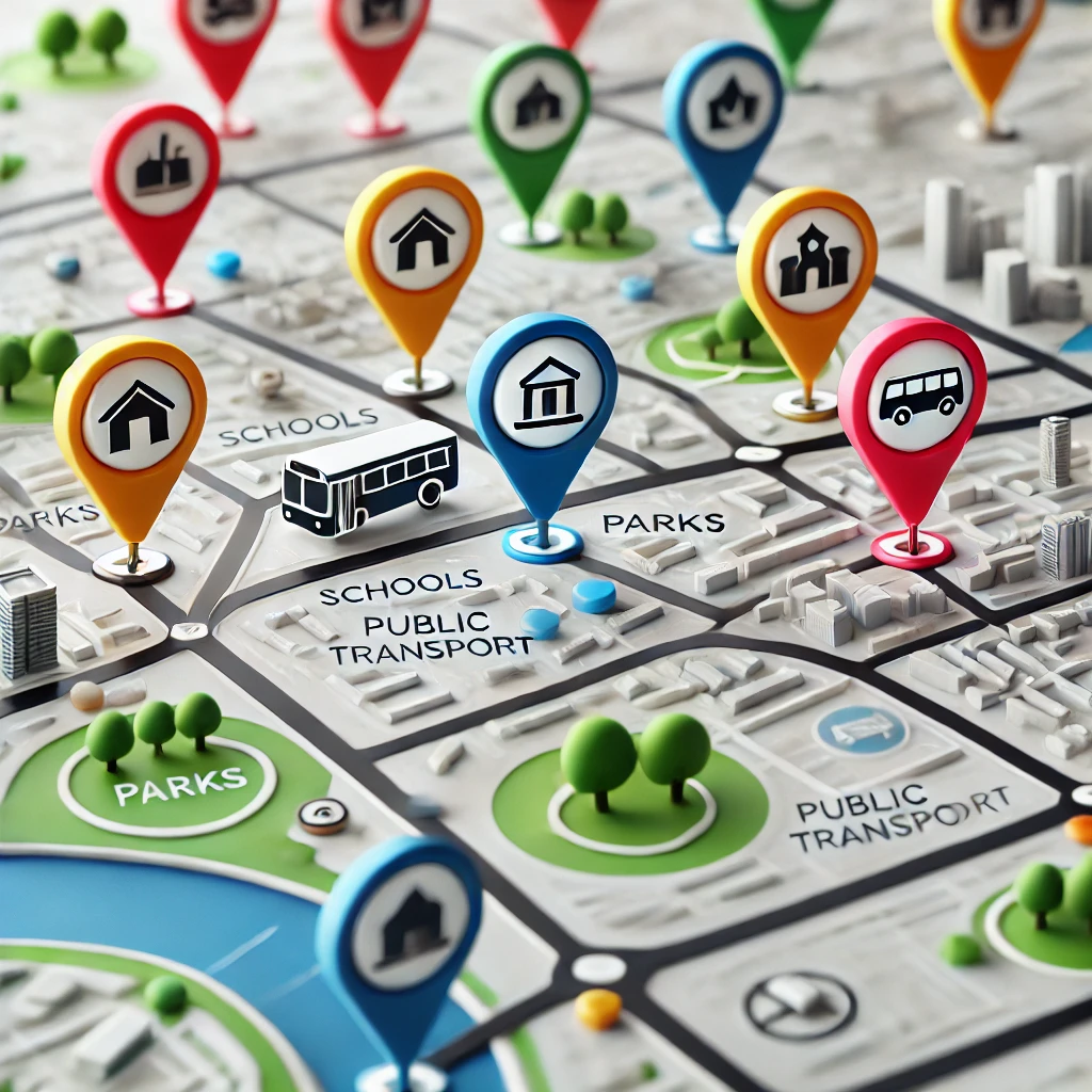 A map with colorful pins marking key amenities including schools, parks, and public transport, with distinct icons for each