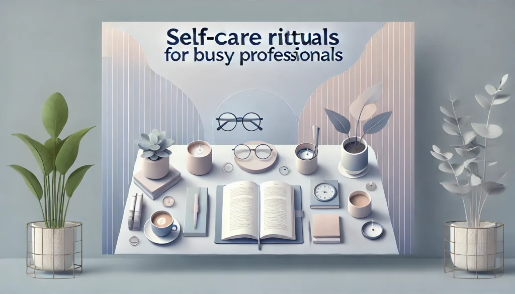 Calming workspace setup with a coffee cup, journal, potted plant, and glasses on a desk, representing self-care for busy professionals