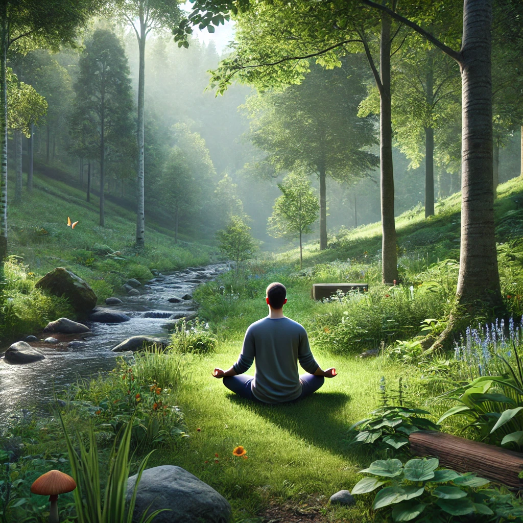 Person practicing mindfulness and digital detox in a serene natural setting