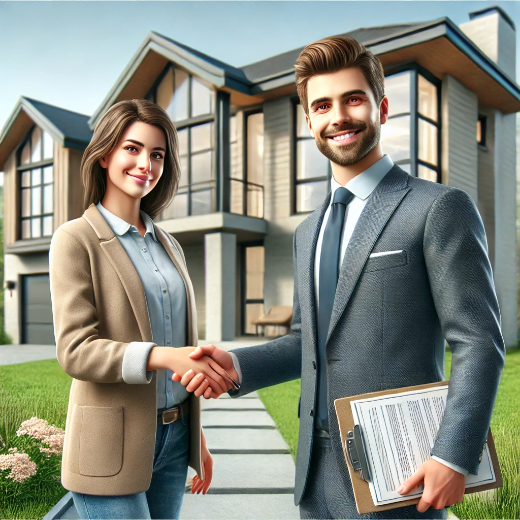 A handshake between a smiling homebuyer and a real estate agent in front of a modern house with a welcoming front yard