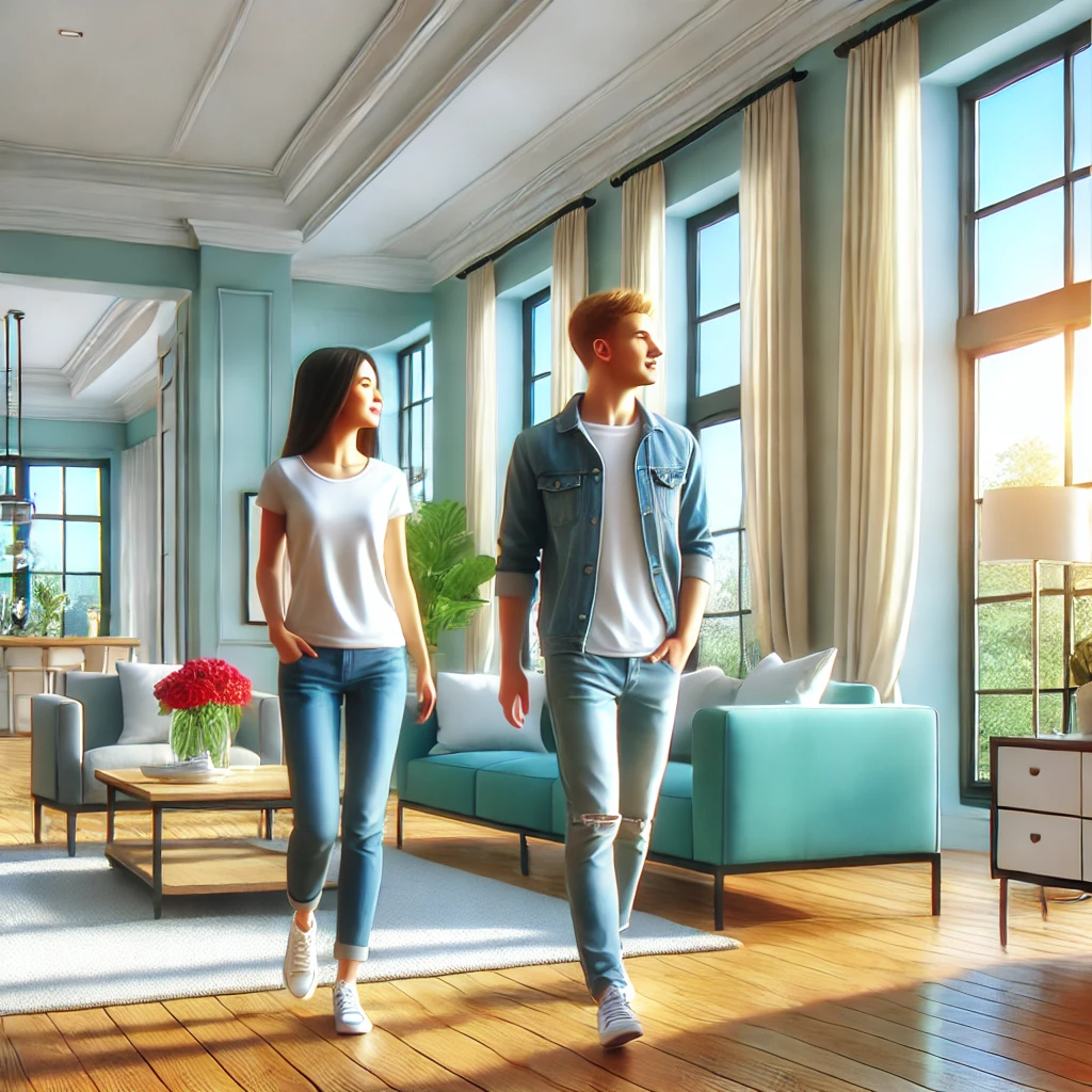 A young couple walking through a bright, open living room with modern furniture and large windows during a house tour