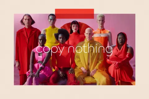 Jaguar A still from Jaguar's relaunch campaign featuring eight models in bright clothing and the slogan: "copy nothing"