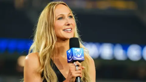 Getty Images Nikki Glaser visits on set of the TNF on Prime post show at SoFi Stadium on October 24, 2024 in Inglewood, California.