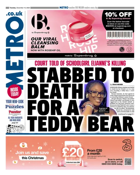 The headline in the Metro reads: "Stabbed to death for a teddy bear". 