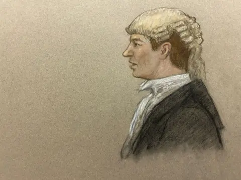 BBC/Julia Quenzler Court drawing of Bill Emlyn-Jones KC, a man in a white wig and black gown. He is shown in profile