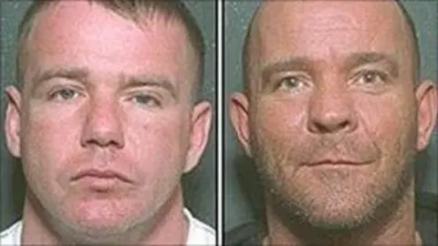 Police Scotland Grainy police mugshots of James McDonald and Raymond Anderson. McDonald, who is wearing a white t-shirt has short red hair and is staring at the camera with a blank expression. Anderson is balding with a shaved head and stubble. He is wearing a black top and is almost smirking in the image.