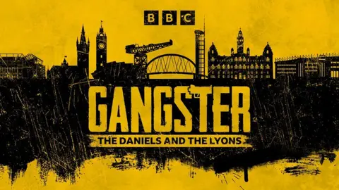 A yellow and black graphic for the BBC Radio Five Live Gangster: The Daniels and the Lyons podcast. It features a silhouette of landmark Glasgow buildings including the City Chambers and Armadillo. 