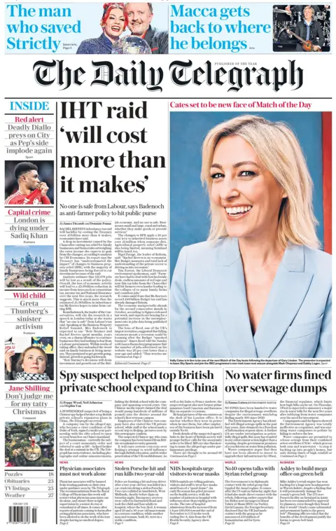 The front page of the Daily Telegraph. The headline says IHT (Inheritance Tax Raid) 'will cost more than it makes". 