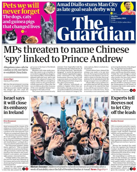 The Guardian front page, which is headlined with "MPs threaten to name Chinese 'spy' linked to Prince Andrew. 