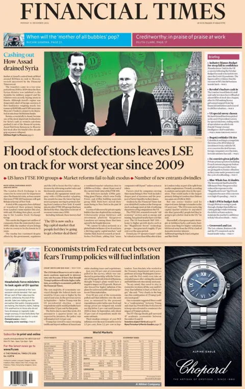 The front page of the Financial Times headlined with: "Flood of stock defections leaves LSE on track for worst year since 2009". 