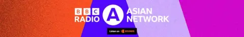 A logo for BBC Asian Network written on a background of orange, blue, purple and pink. There is a "Listen on Sounds" box below the main logo.