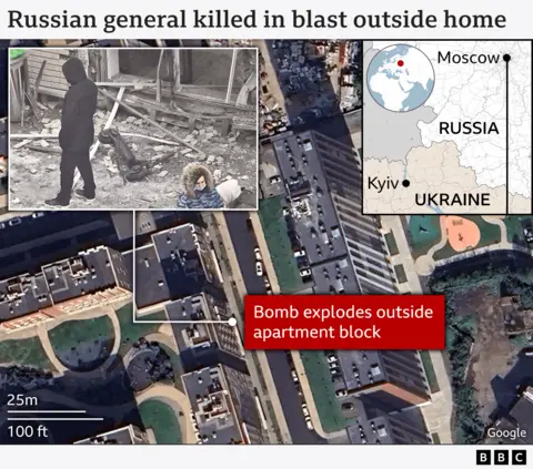 A Google map of Moscow, edited by the BBC, shows where the bomb exploded on a city street 