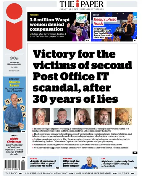 The main headline on the front page of the i newspaper reads: "Victory for the victims of second Post Office IT scandal, after 30 years of lies"