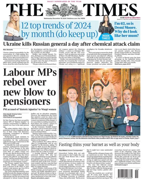 The main headline on the front page of the Times reads: "Labour MPs rebel over new blow to pensioners"