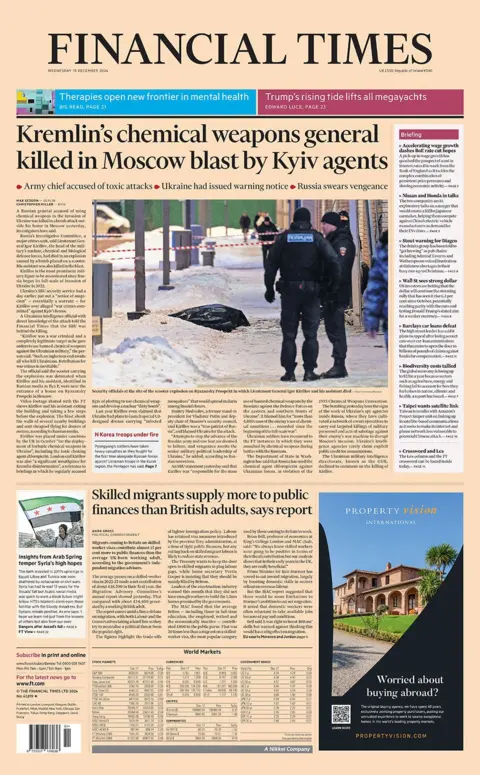 The main headline on the front page of the Financial Times reads: "Kremlin's chemical weapons general killed in Moscow blast by Kyiv agents"