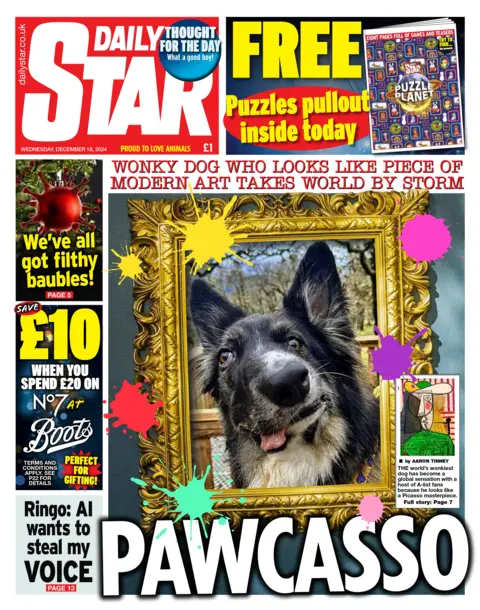 The main headline on the front page of the Daily Star reads: "Pawcasso...wonky dog who looks like piece of art takes world by storm"