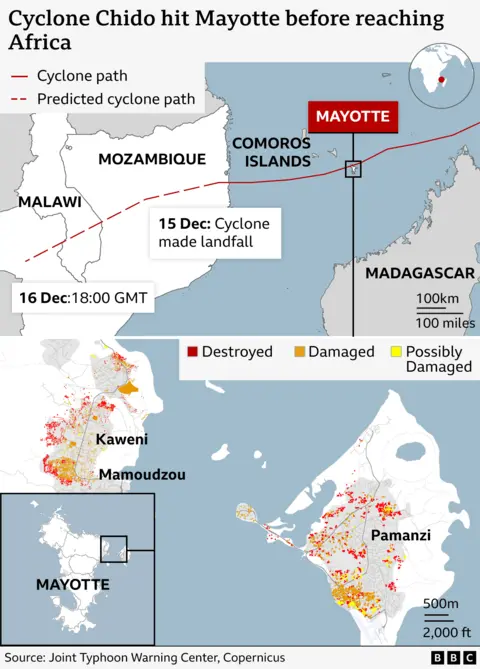 A BBC graphic shows the course of Cyclone Chido as it hit Mayotte in the Indian Ocean and headed towards continental Africa