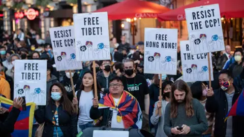 Getty Images A group of protesters holding signs saying "Free Tibet" and "Free  Hong Kong" in London