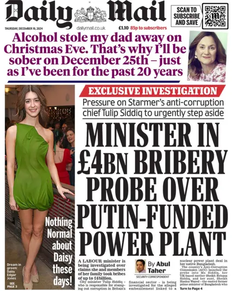 The main headline on the front page of the Daily Mail reads: "Minister in £4bn bribery probe over Putin-funded power plant"