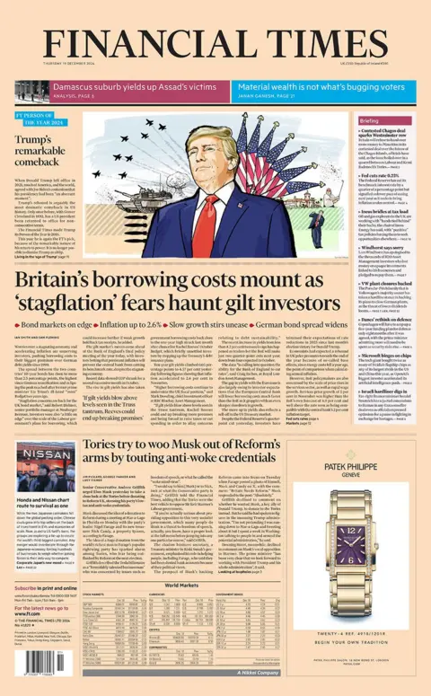 The main headline on the front page of the Financial Times reads: "Britain's borrowing costs mount as 'stagflation' fears haunt gilt investors"