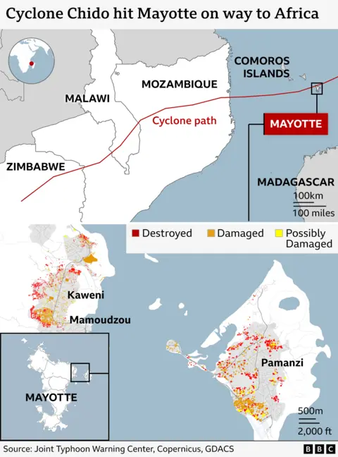 A visualised graphic shows the path of Cyclone Chido over Mayotte, Mozambique, Malawi and Zimbabwe, with dots showing destroyed and damaged sites on two islands in the Mayotte archipe