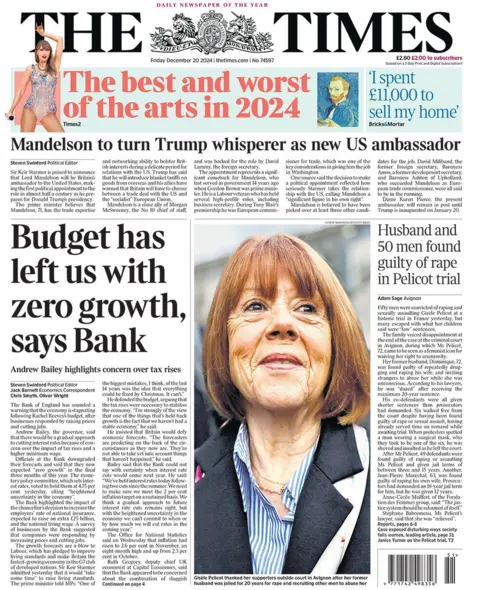 The main headline on the front page of the Times reads: "Budget has left us with zero growth, says Bank"