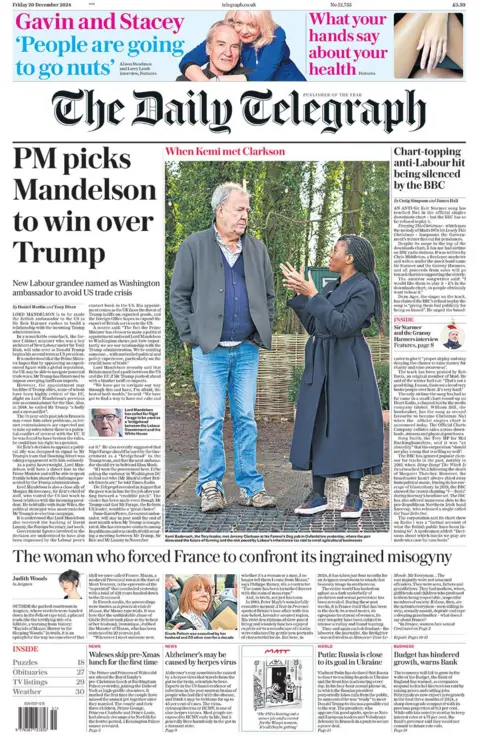 The main headline on the front page of the Daily Telegraph reads: "PM picks Mandleson to win over Trump"