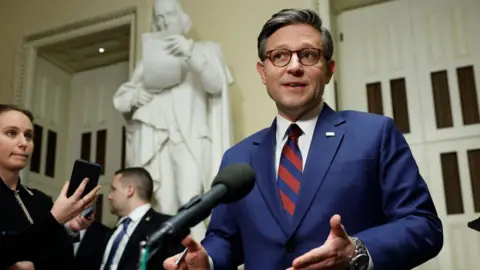 Getty Images Speaker of the House Mike Johnson  speaks to reporters at the US Capitol 