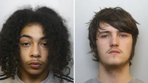 Avon and Somerset Police Mug shots of Kodishai Wescott, and Riley Tolliver. Kodishai Wescott has curly brown hair and Riley Tolliver has straight brown hair. 