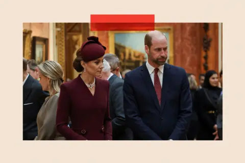 Getty Images The Prince and Princess of Wales look serious and wear formal attire at Buckingham Palace 