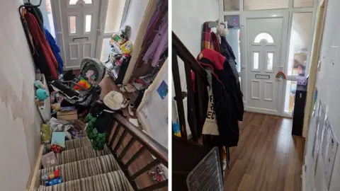 Kirstie A before and after of Kirstie's hallway, the left hand photo shows the stairs covered in clutter and mess